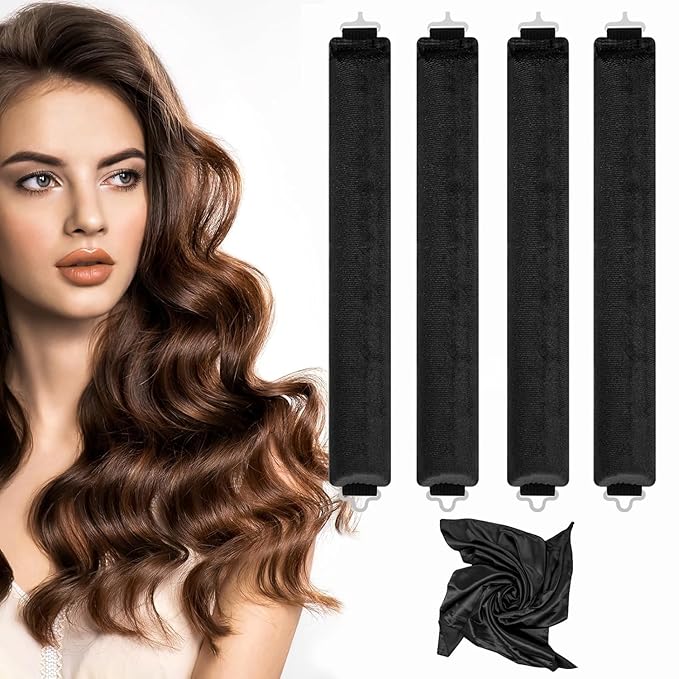 Heatless Hair Curlers, Heatless Curls Overnight Set for Women, Soft Hair Curlers to Sleep in, No Heat Overnight Curls with Silk Scarf - 4Pcs Black