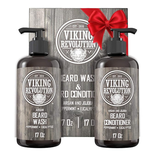 Viking Revolution Beard Wash & Conditioner Set w/Argan & Jojoba Oils – Softens, Smooths & Strengthens Beard Growth - Natural Peppermint and Eucalyptus Scent - Shampoo (17 oz)