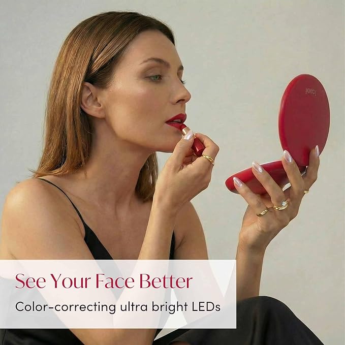 Fancii Taylor LED Lighted Travel Makeup Mirror, Rechargeable, 10x /1x Magnifying, Tru-Glow Light Technology, XL Large 5” Wide | Compact Mirror for Purses (Ruby Red)