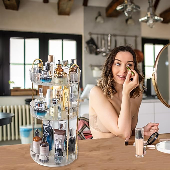 360 Rotating Makeup Organizer,3 Tier Large Capacity Make Up Organizers and Storage,Skincare Perfume Vanity Organizers,Bathroom Cosmetics Storage Organizer Countertop (Clear-3 Tier)