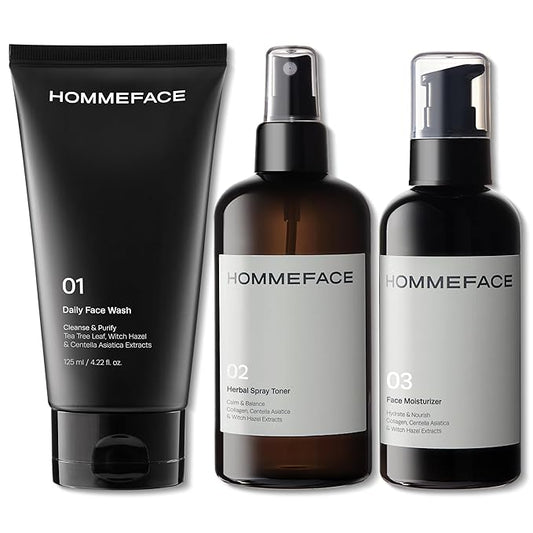 HommeFace Men’s Daily Trio 3-Step Daily Routine Set with Face Wash, Herbal Spray Toner & Moisturizer - Korean Skincare Technology with CICA, Tea Tree Leaf & Witch Hazel Extracts, for All Skin Types