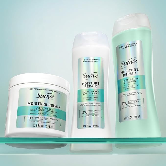 Suave Moisture Repair Sulfate-Free Shampoo with Hyaluronic Acid & Aloe Vera, Hydrates & Restores Dry, Damaged Hair, 6 Count, 12.6 FL OZ