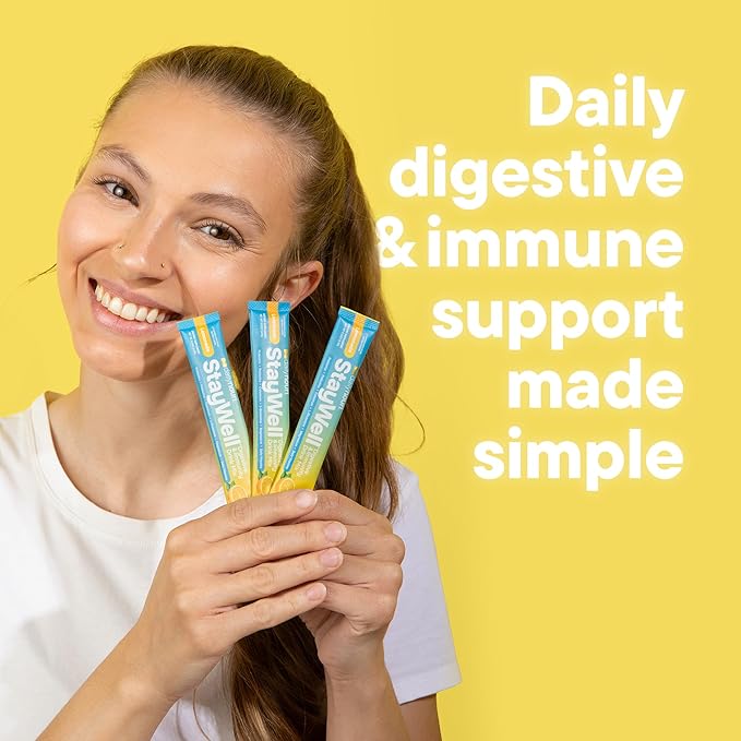 Daily Nouri StayWell Digestive & Immunity Drink Mix | Gut Health, Digestion, Immunity & Energy | Probiotics, Prebiotics, Colostrum & Daily Vitamins | 30 Stick Packs