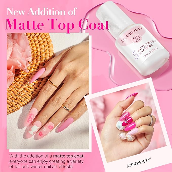 AZUREBEAUTY Dip Powder Nail Starter Kit with Matte Coat, 8 Hot Pink Glitter Neon Summer Color, Dipping Powder Liquid Set with Base/Top Coat/ Activator/10 Nail Sticks Salon at Home Valentine's Day Gift