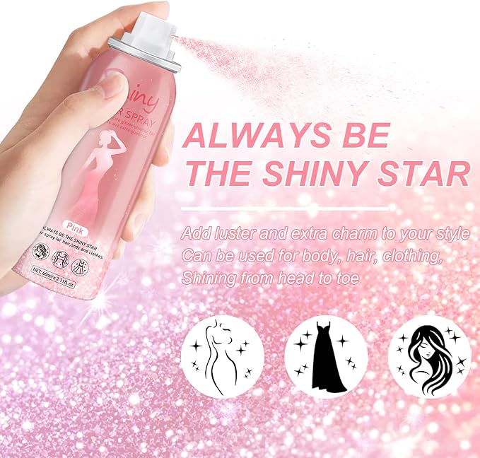 Hair and Body Glitter Spray, 60ml Pink Glitter Hairspray Dry Powder Makeup for Clothes, Festival Rave Prom Loose Sparkle Powder,Holographic Ultra Fine Glitters for Crafts (Pink)