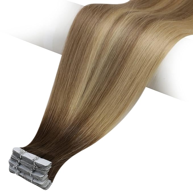 Full Shine Virgin Tape in Hair Extensions Injection Tape ins Extensions Color 3/8/22 Balayage Tape ins Human Hair 20Inch Seamless Invisible Hair Extensions 12.5Gram Straight Real Human Hair 5Pcs