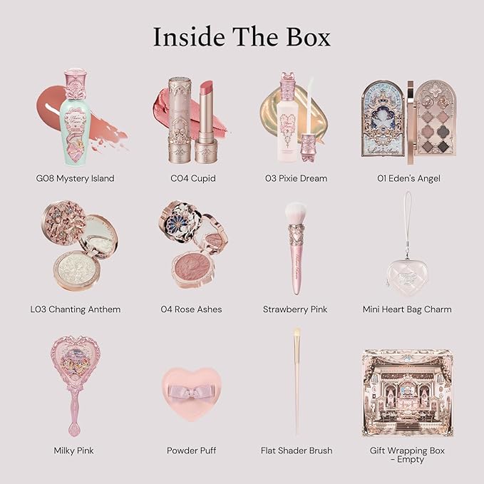 Flower Knows Cherub Bloom 11-Piece Makeup Gift Box Set,Includes Makeup Palette,Lipstick,Blush,Highlighter,Lip Gloss,Hand Mirror,Bag Charm,Brush,Box,Perfect Anniversary Valentine Birthday Make Up Gift