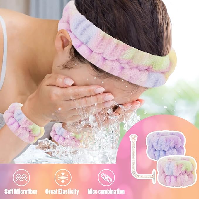 Face Wash Headband and Microfiber Wristband Set - Wrist Towels with Holder for Washing, Absorbent Spa Scrunchies