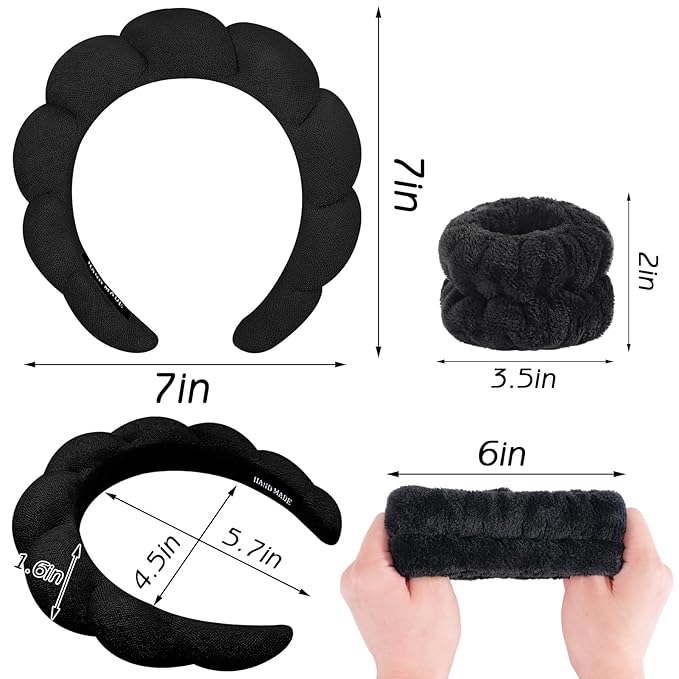 Zkptops Spa Headband for Washing Face Wristband Sponge Makeup Skincare Headband Terry Cloth Bubble Soft Get Ready Hairband for Women Girl Puffy Padded Headwear Non Slip Thick Hair Accessory(Black)
