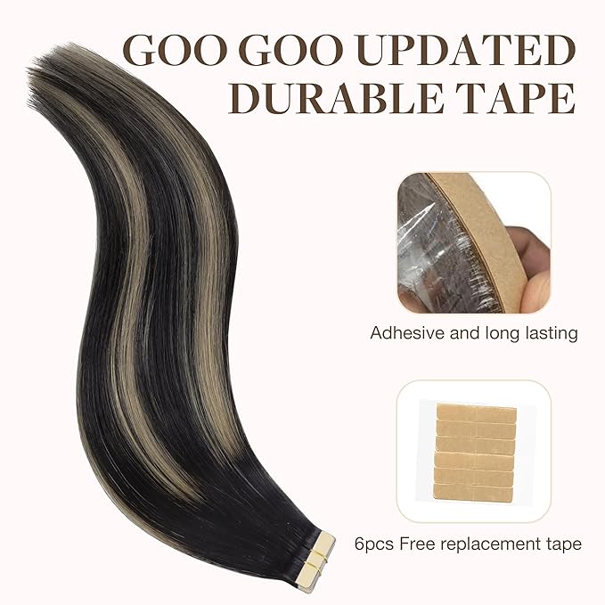 GOO GOO Tape in Hair Extensions Human Hair, 1B/19/1B Natural Black to Light Blonde, 22inch 50g 20pcs, Skin Weft Seamless Invisible, Silky Straight with Thick Ends, Remy Human Hair