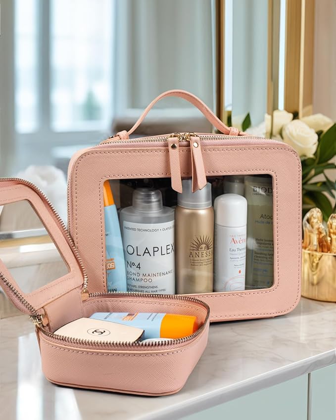 LETGO Clear Makeup Bags Set - TSA Approved Toiletry Bag with Handle Large Opening, Clear Toiletry Bags Case Pouch for Traveling Travel Car Orangizer Storage Essentials (Mini+Large Nude)