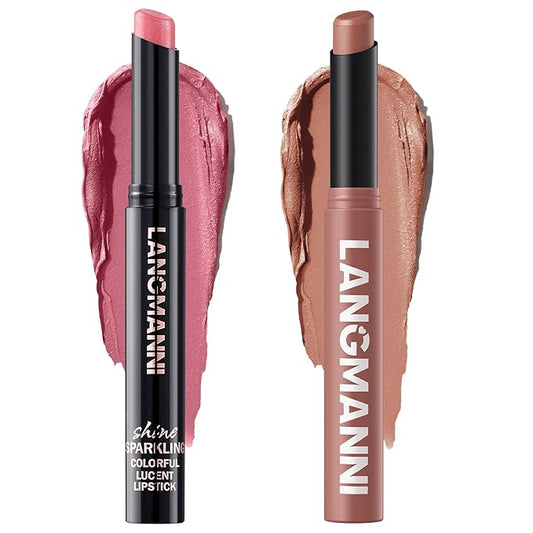 Jolilab 2Pcs Glitter Lip Kit - Velvet Matte & Nude Matte Lipstick + Glitter Lip Gloss/Glitter Lipstick High Pigmented Long-Lasting Waterproof Beauty Cosmetics Gift for Women(#01+02)