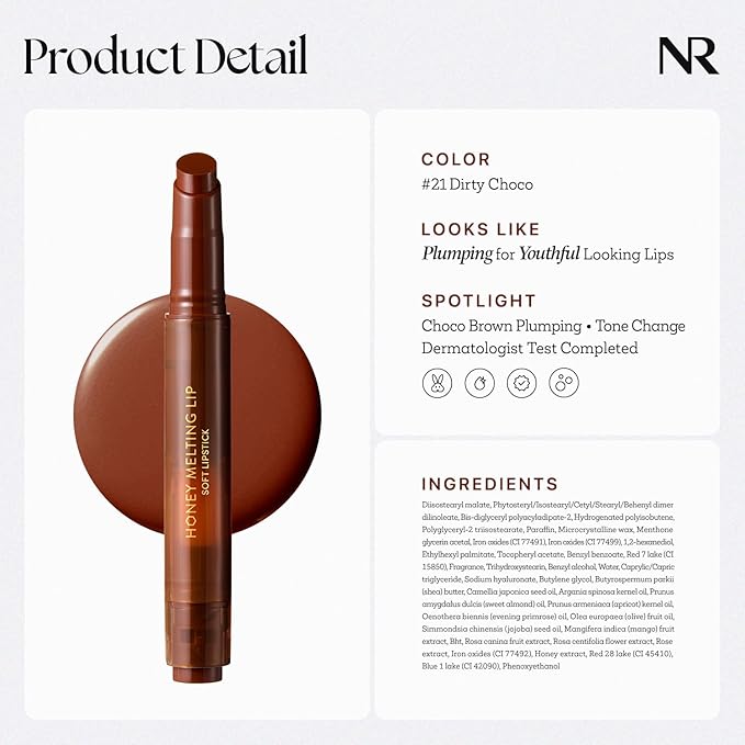 Nature Republic HONEY MELTING LIP PLUMPING (21 DIRTY CHOCO) SOFT LIP STICK, Hydrating Gloss, Moisturizing balms, Volumizing formula & Sheer tint, Glowy Finish, korean make up