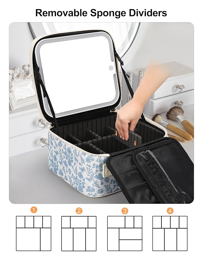 Relavel Travel Makeup Bag with LED Mirror, Portable Cosmetic Train Case with 3 Color Lighted Brightness Mirror, Makeup Artist Organizer Storage with Adjustable Dividers Make Up Box - Blue Flower