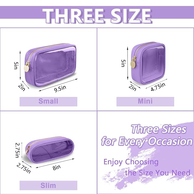 Clear Small Makeup Bag with Zipper, Nylon&PVC Cosmetic Travel Bag Preppy TSA Approved Toiletry Bag for Women Girls, Transparent Waterproof Makeup Pouches Cute Travel Bag for Purse(Small-Purple)