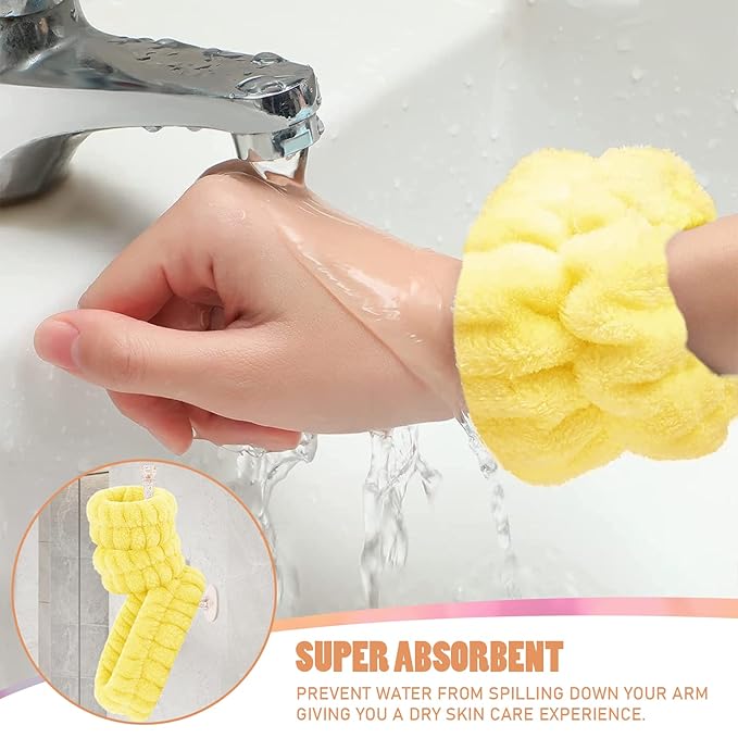 Face Wash Headband and Wristband Set of 2, Purple and Yellow, Microfiber, One Size, with Holder for Washing Face, Absorbent Spa Wristbands