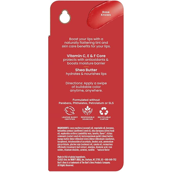 Burt’s Bees Tinted Boosted Balm, Rose Knows, Hydrating Tinted Lip Balm with Vitamin C, E, and F Core, 24 Hour Lip Moisturizer with Responsibly Sourced Beeswax, 100% Natural Origin, 1 Count, 0.16oz