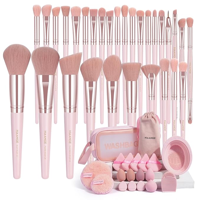 MAANGE Makeup Brush Set 49 Pcs Makeup Tool Set Premium Synthetic Foundation Powder Concealers Eye shadows Blush Makeup Brushes (Pink, 49 Piece Set)