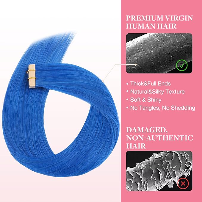 GOO GOO Tape in Hair Extensions Human Hair, Blue, 12inch 20g 10pcs, Colored Tape ins Human Hair Extensions, Silky&Soft Invisible Tape Ins, Hair Highlighted for Party
