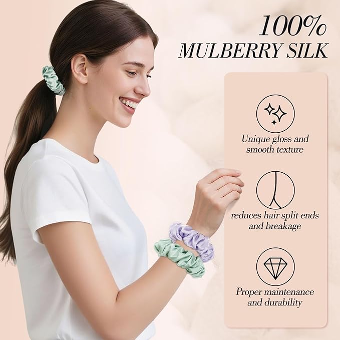 4Pcs Mulberry Silk Hair Scrunchies, Sage Green Silk Hair Ties for Hair Sleep for Frizz Breakage Girls Valentines Day Outfit