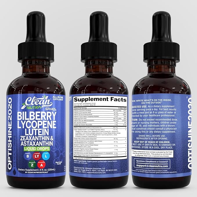 Clean Nutra Lutein and Zeaxanthin Eye Vitamins Supplement Lycopene Astaxanthin Bilberry Liquid Drops | Organic Astaxanthin Daily Lutein for Eyes Health Support Vitamin Minerals Extract | 60 Servings