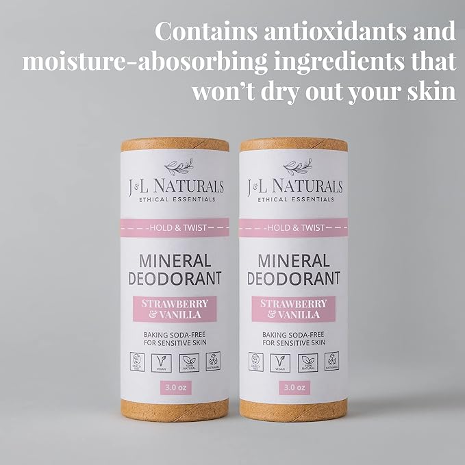 J&L Naturals Mineral Deodorant | Baking Soda-Free, 100% Natural, Sustainable | Sensitive Deodorant For Women & Men | Aluminum Free, Vegan, Cruelty-Free (Strawberry & Vanilla, 3 Oz (Pack of 2))