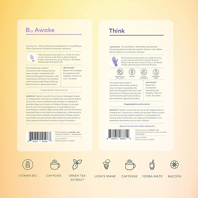 The Good Patch Weekday Hustle Duo - Awake B12 with Caffeine and Vitamins to Help Promote Energy - Think with Caffeine, Yerba Mate to Support Focus (8 Total Patches)