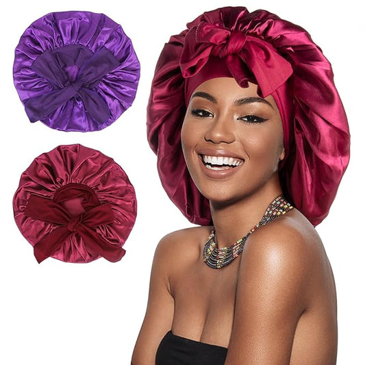 Arqumi Pack of 2 Satin Sleeping Bonnet, Large Sleep Cap with Long Strap, Reduce-Friction Prevent-Frizz Curly Hair, Adjustable Hair Bonnet for Women & Men, Purple+Red
