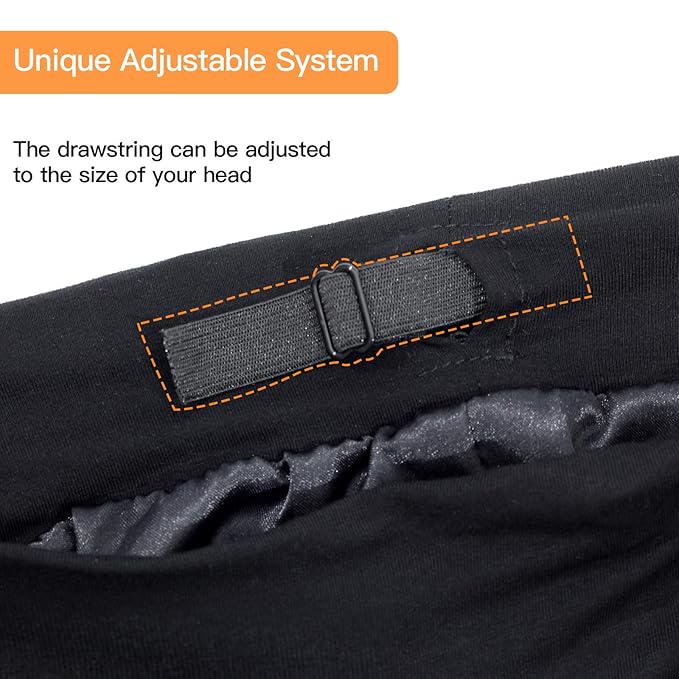 Silky Satin Lined Bonnet Sleep Cap - Adjustable Stay on All Night Hair Wrap Cover Slouchy Beanie for Curly Protection Women and Men Solid Black