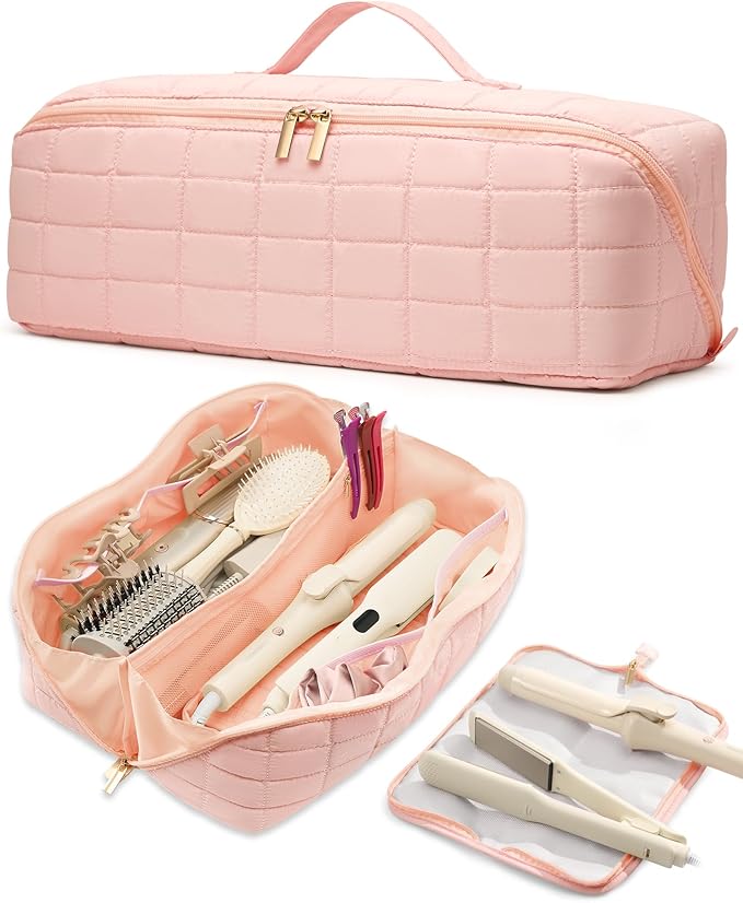 Hot Tools Travel Case with Heat Resistant Mat Pouch, Large Hair Tool Organizer Bag for Curling Iron Flat Iron Hair Dryer Hot Air Brush, Water Resistant Makeup Bag Gift for Women, Pink