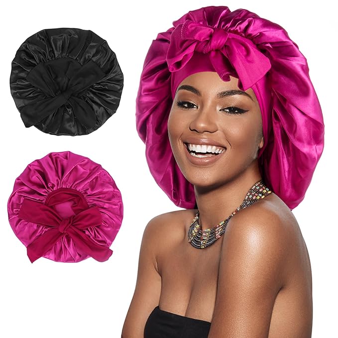 Arqumi Pack of 2 Satin Sleeping Bonnet, Large Sleep Bonnet with Long Strap,Reduce-Friction Prevent-Frizz Curly Hair, Adjustable Sleep Cap Hair Bonnet for Women & Men, Black+Rosy