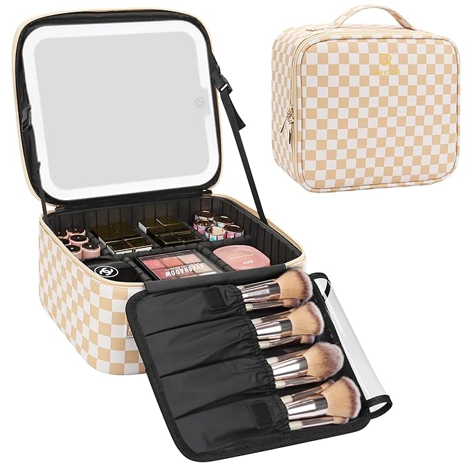 Relavel Travel Makeup Bag With LED Mirror, Cosmetic Train Case with Light up Mirror, Portable Makeup Artist Organizer Bag with Adjustable Dividers, Makeup Brush Holder Storage, Plaid