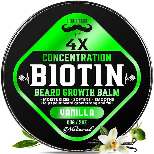 Biotin Beard Growth Balm for Men – Conditioning & Thickening Balm with Castor, Shea & Jojoba Oils – Non-Greasy, Softens & Nourishes for Fuller, Thicker Facial Hair – Vanilla Scent – 2 oz