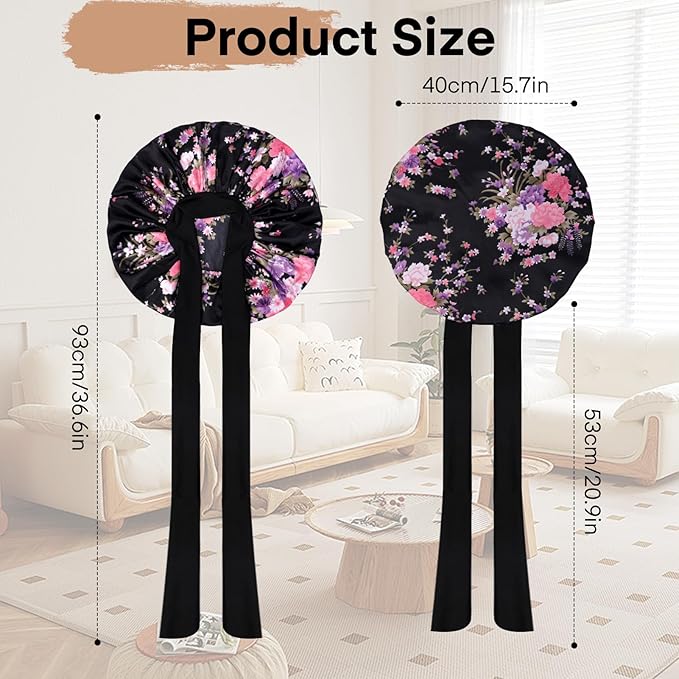 Arqumi 2 Pcs Satin Silk Bonnet for Sleeping Women, Long Strap Tie Band Adjustable Sleep Night Cap Curly Hair Bonnet Wrap for Braids Mother's Day Girls Gifts,Black + Black Flower Pattern (Large)