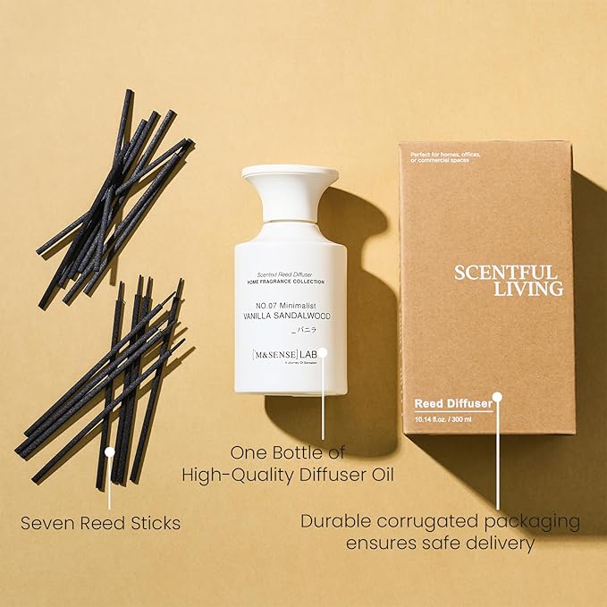 M&SENSE Reed Diffuser Set, 10.14 fl oz Large Reed Diffuser, Vanilla Sandalwood Scented with Natural Essential Oils, Long Lasting with 7 Sticks, Non-Toxic Home Fragrance Reed Diffuser for Bedroom