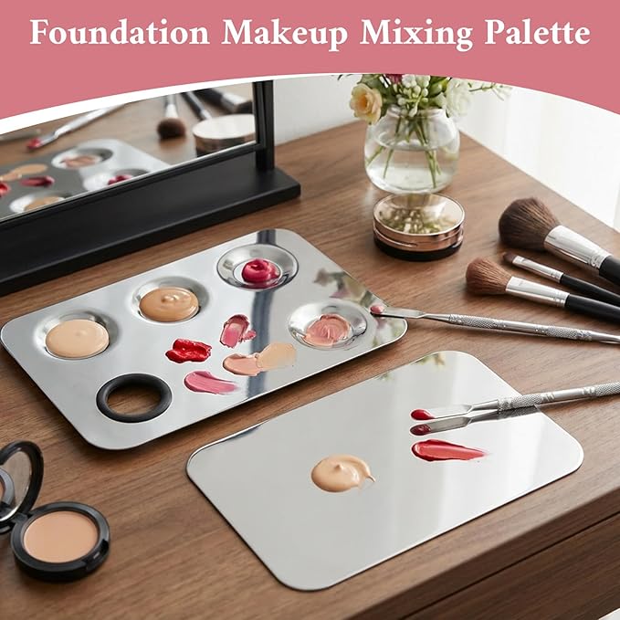 2Pcs Makeup Mixing Palette, Stainless Steel Metal Makeup Palette with Spatula Artist Tool for Mixing Foundation Nail-Art Professional Make up Artist Must haves for Cosmetic Makeup Palette and Nail Art