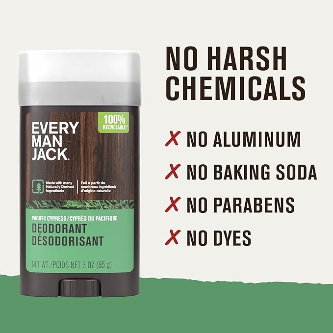 Every Man Jack Pacific Cypress Men’s Deodorant - Stay Fresh with Aluminum Free Deodorant For all Skin Types - Odor Crushing, Long Lasting, with Naturally Derived Ingredients - 3oz (2 Pack)