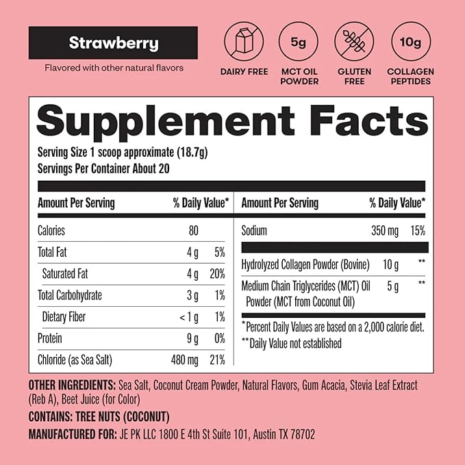 Perfect Keto Collagen Peptides Protein Powder with MCT Oil, Hydrolyzed Collagen, Type I & III Supplement, Gluten Free Grass Fed, Low Carb, Keto Coffee Creamer, Collagen for Women & Men, Strawberry