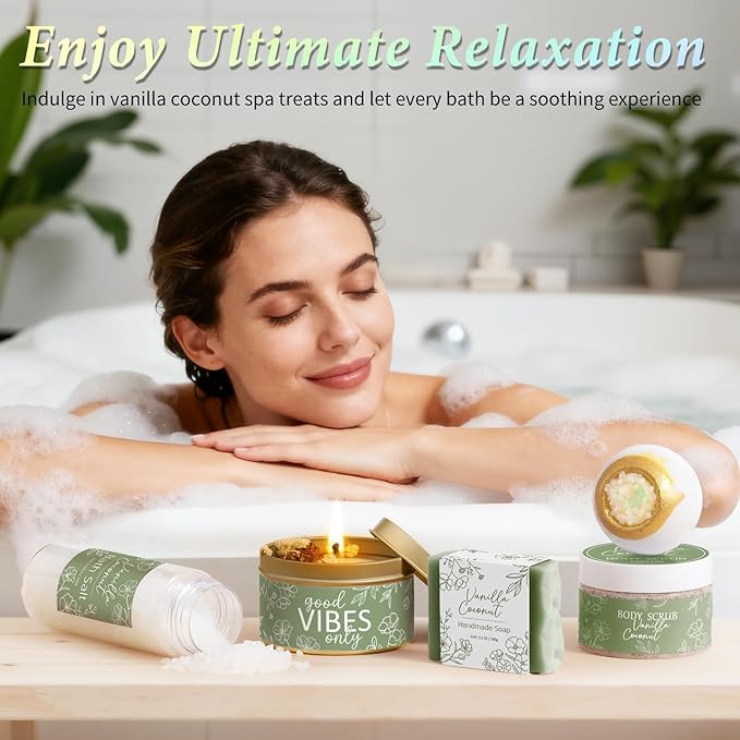 Spa Gifts for Women Bath Gift Set, Vanilla Coconut Relaxing Spa Gift Baskets Home Bath Set Self Care Kit Care Package Thank You Birthday Valentines Day Gifts for Her Women Mom Friend Sister Teen Girl