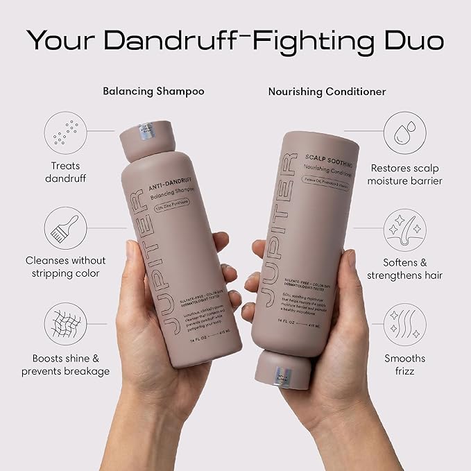 Jupiter Anti Dandruff Shampoo & Conditioner for Men & Women for Flaky, Itchy, Oily & Dry Scalp - Nourishes Scalp and Reduces Breakage & Flakes - Color-Safe, Sulfate-Free, Paraben-Free
