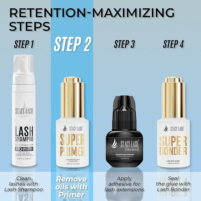 Stacy Lash Primer for Lash Extensions | Super Primer/Cleanser 15ml | Eyelash Extension Primer | Protein Oil Remover | Increase Adhesive Bonding Power Retention | Professional Lash Supplies