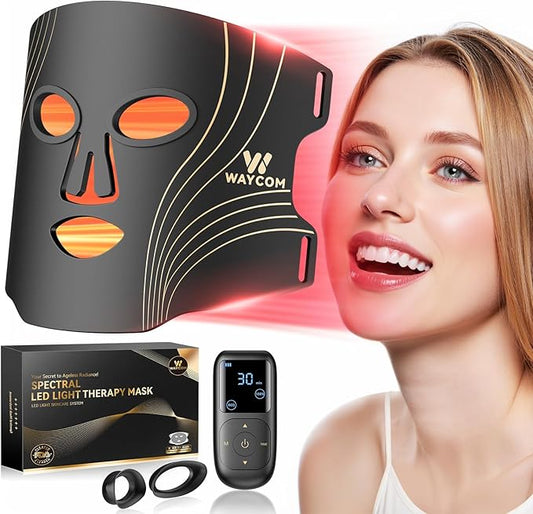WAYCOM Red Light Therapy Mask: FDA-Cleared 400 LEDs Portable LED Light Therapy for Face - 4-Modes Portable Blue Orange 850NM Infrared & Red Light Mask at Home Travel with Timing Function Remote Black