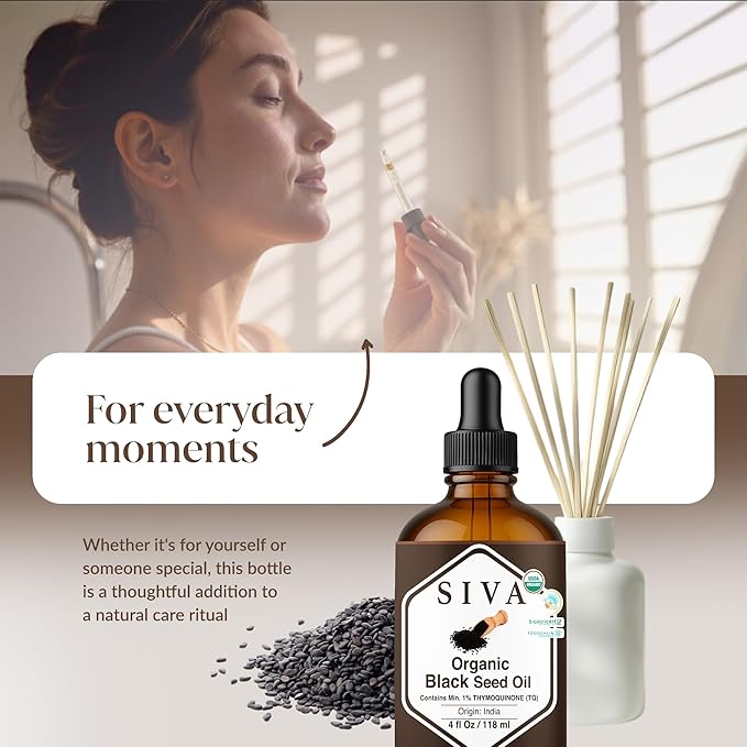 SIVA Black Seed Oil Organic - 4 Fl Oz – 100% Natural Cold Pressed Black Seed Oil - for Face, Skin Care, Hair Care, Scalp Massage & Body Massage – Carrier Oil with Dropper