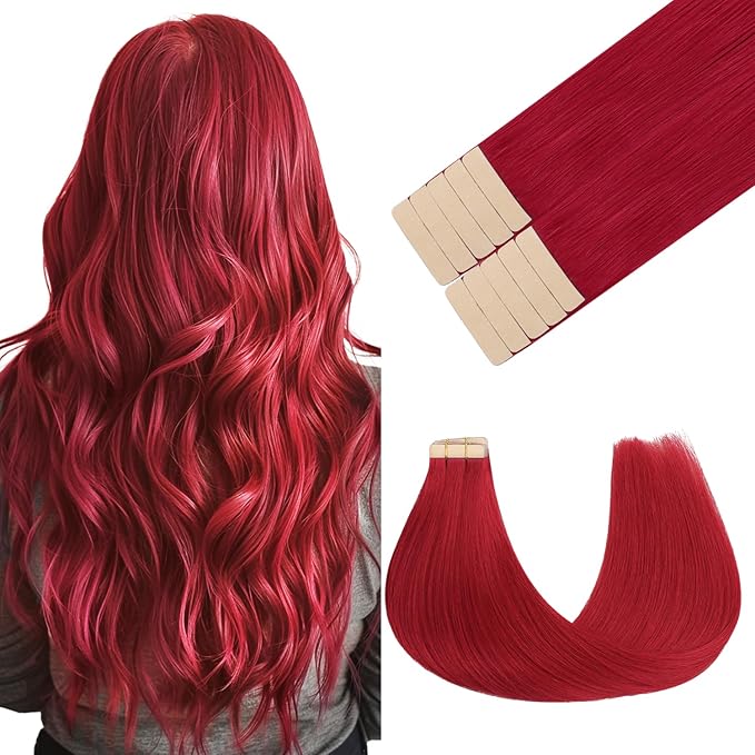 GOO GOO Tape in Hair Extensions Human Hair, Red, 16inch 25g 10pcs, Colored Tape ins Human Hair Extensions, Silky&Soft Invisible Tape Ins, Hair Highlighted for Party