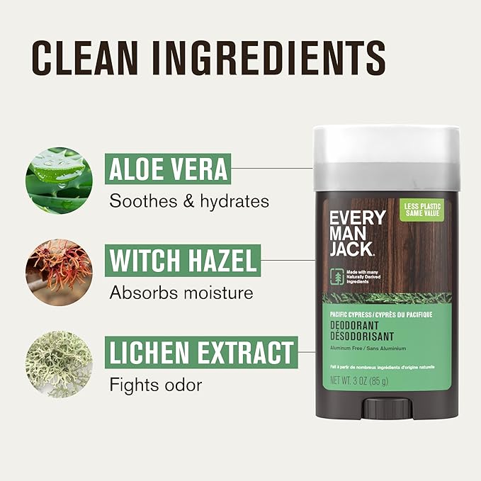 Every Man Jack Pacific Cypress Men’s Deodorant - Stay Fresh with Aluminum Free Deodorant For all Skin Types - Odor Crushing, Long Lasting, with Naturally Derived Ingredients - 3oz (2 Pack)