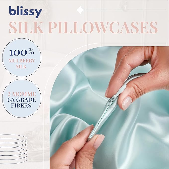 Blissy Silk Pillowcase - 100% Pure Mulberry Silk - 22 Momme 6A High-Grade Fibers - Silk Pillow Cover for Hair & Skin - Regular, Queen & King (Mint, Queen)