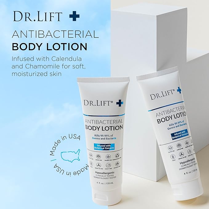 DR. LIFT Antibacterial Body Lotion, Hypoallergenic Formula with Vitamin C & E, Calendula and Chamomile, Gentle on Skin, Non Greasy and Fast Absorbing, Vegan, Paraben Free, Mineral Oil Free, 4 Fl Oz