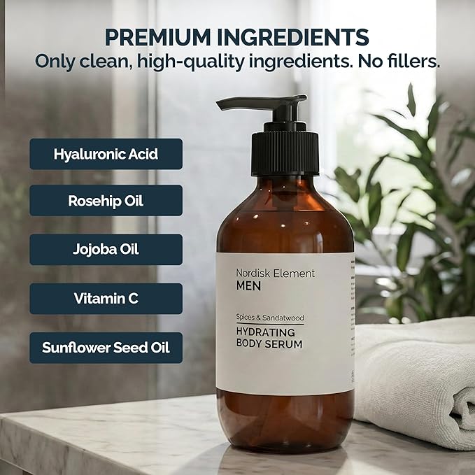 Nordisk Element Body Serum for Men, 9.13 Fl Oz | Lightweight & Instant Hydrating Serum with Hyaluronic Acid, Antioxidants & Nordic Botanicals | Vegan, Spices & Sandalwood Scent