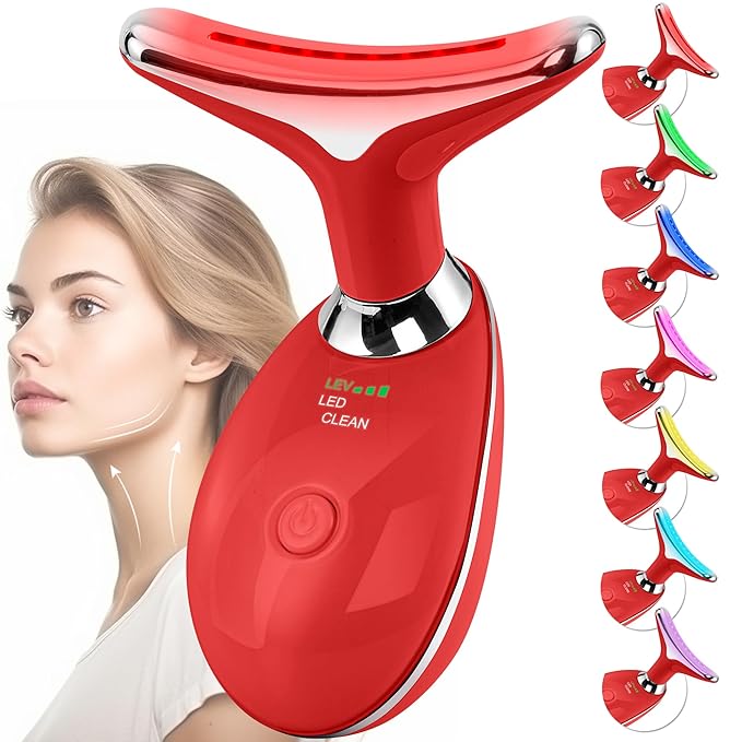 Facial Massager Red-Light-Therapy-for-Face and Neck, Face 𝖲 culpting Wand with 7 Color (Red)