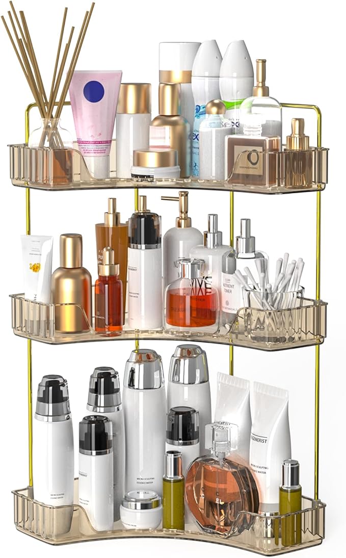 Webetop Countertop Bathroom Organizer 3 Tier Corner Organizer for Bathroom Counter Storage Makeup Organizer Shelf for Skincare, Cosmetic, Dresser, Toiletries Amber